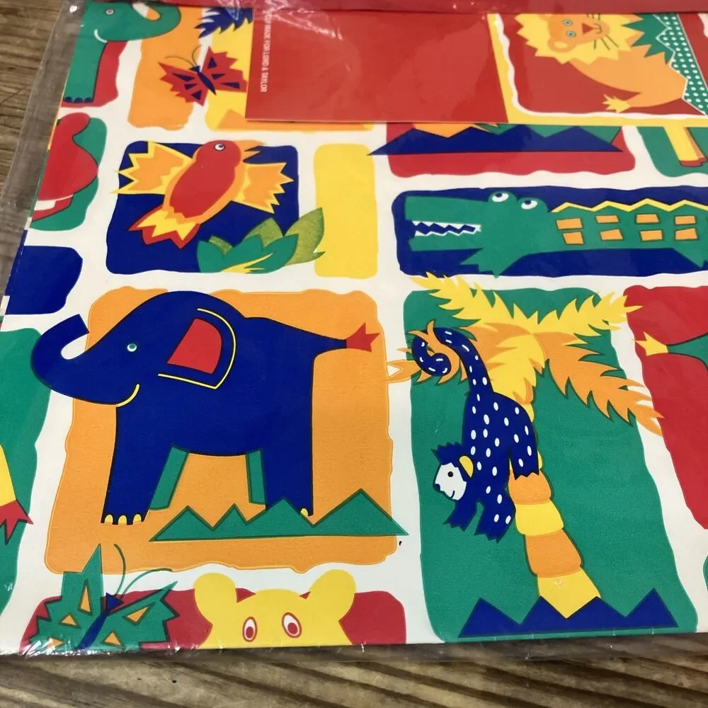 VTG 90s Kids Jungle Animals Gift Wrap Ensemble Lord & Taylor NEW Sealed Card Bow